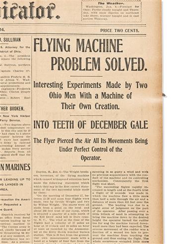 (AVIATION.) The Wright Brothers' first full account of their flights, in the Youngstown Vindicator.                                              